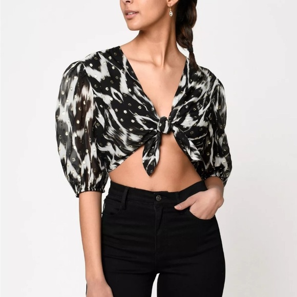 Nicole Miller Women's Metallic Ikat Crop Top Black Size Medium - Picture 1 of 5
